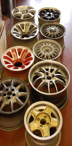 A selection of alloy wheels finished in different colours